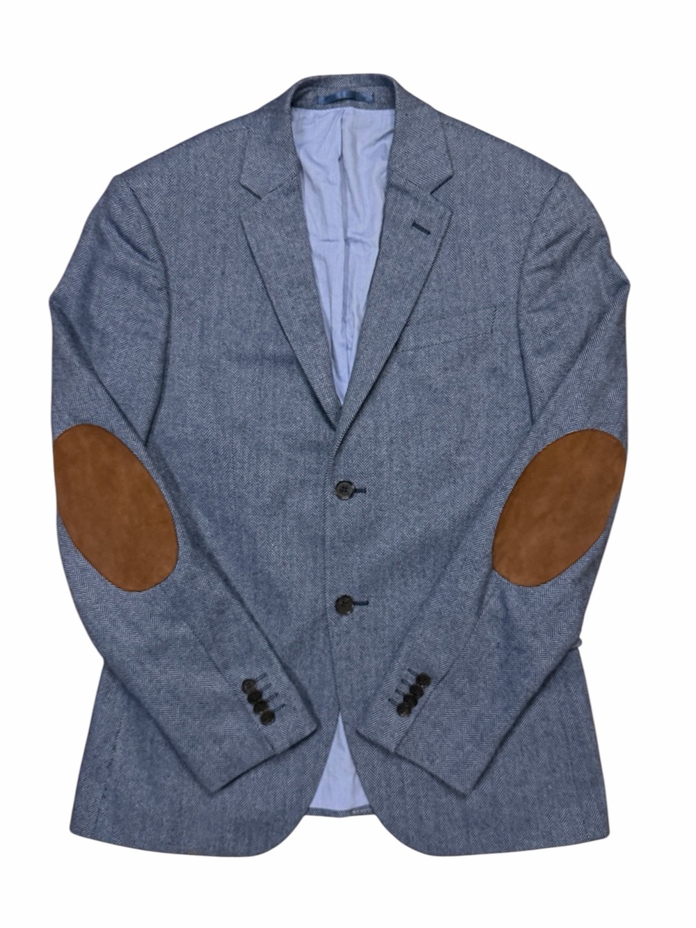 H&M Blue Herringbone Blazer with Brown Elbow Patches Extra fine Wool sz. 38R